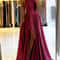 Women Burgundy Satin Beach Maxi Dress For Christmas Adjustable Straps Sexy Side Slit Prom Evening D 1