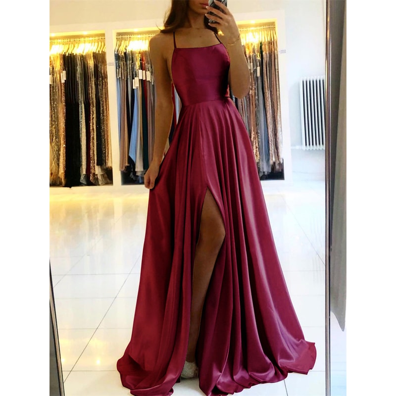 Women Burgundy Satin Beach Maxi Dress For Christmas Adjustable Straps Sexy Side Slit Prom Evening D 1