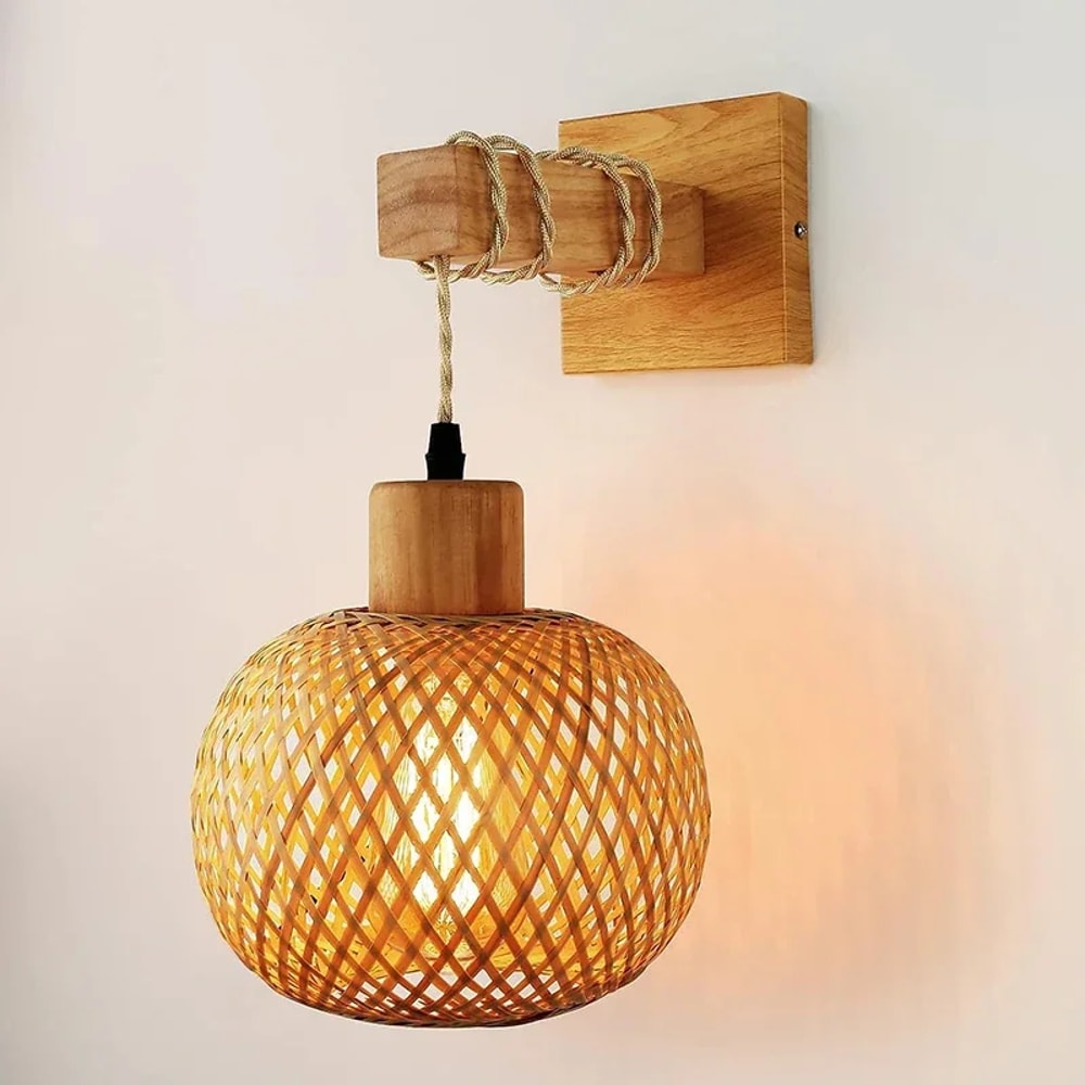Natural Bamboo Lantern Wall Lamp HandWoven Rattan Wicker Chandeliers Wall Light Fixtures Bamboo Roo 1