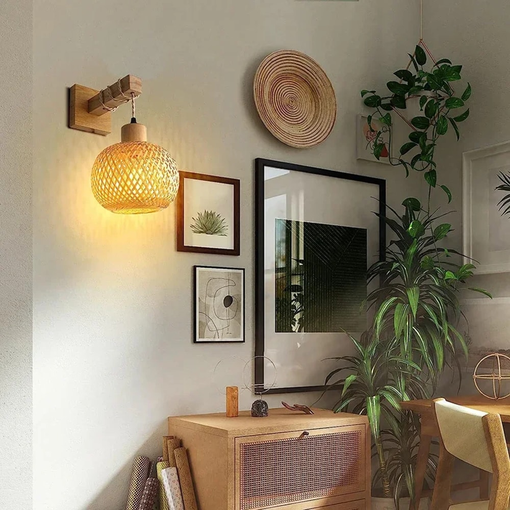 Natural Bamboo Lantern Wall Lamp HandWoven Rattan Wicker Chandeliers Wall Light Fixtures Bamboo Roo 0