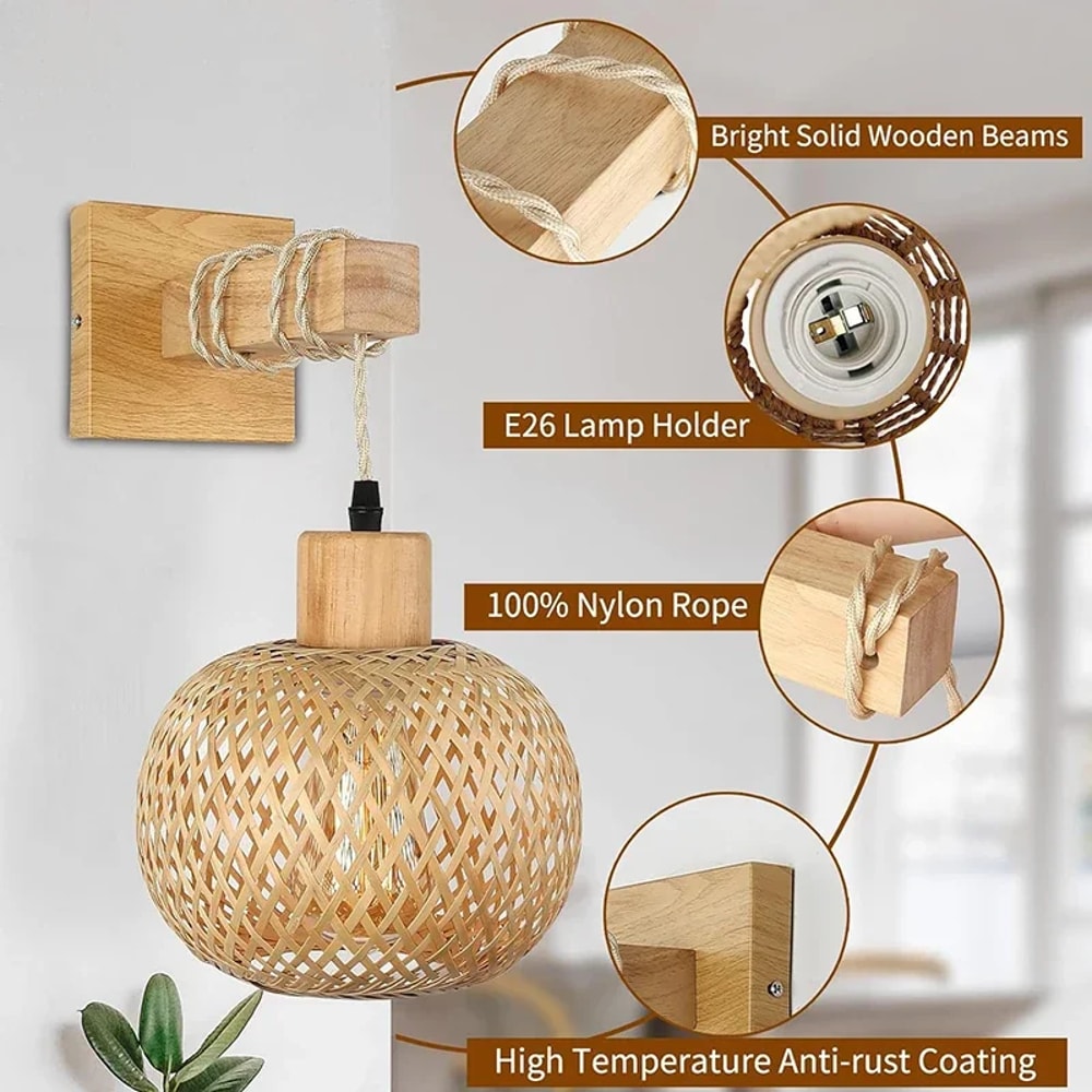 Natural Bamboo Lantern Wall Lamp HandWoven Rattan Wicker Chandeliers Wall Light Fixtures Bamboo Roo 3