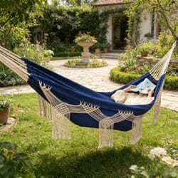 boho double hammock with macrame tassels for beach camping and backyard relaxation