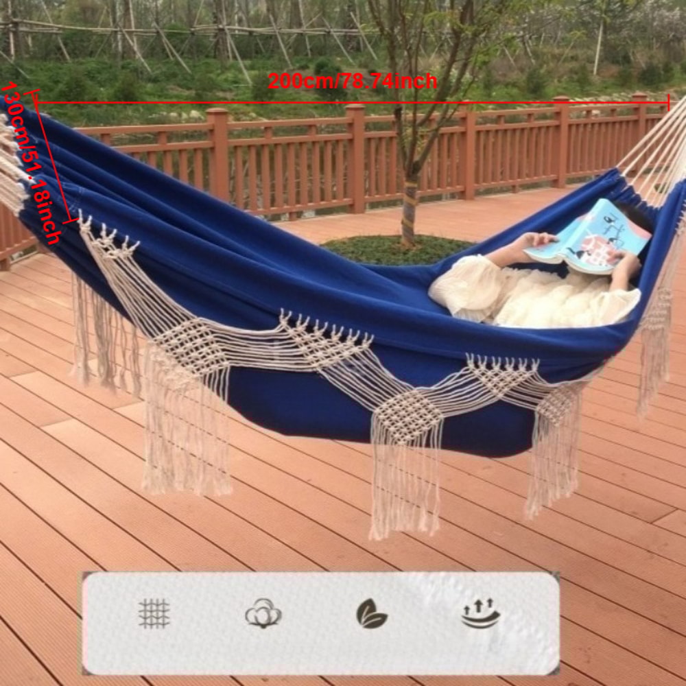 Boho Double Hammock With Macrame Tassels For Beach Camping And Backyard Relaxation 4