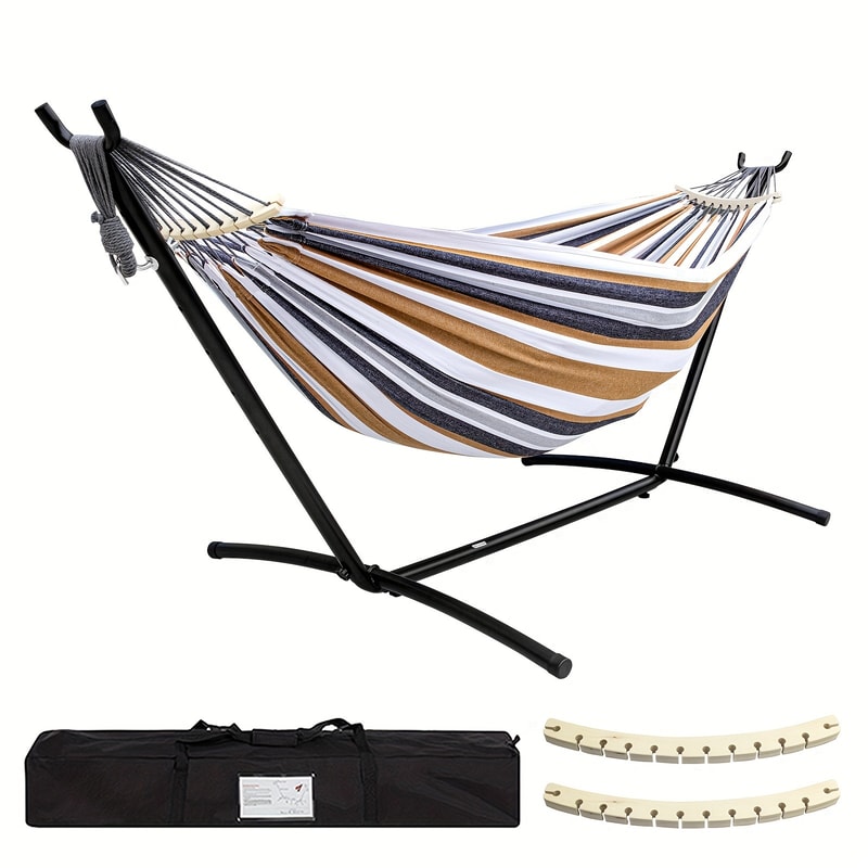 Portable Double Hammock With Steel Stand For Adults Anti Roll Bars Carry Bag 1