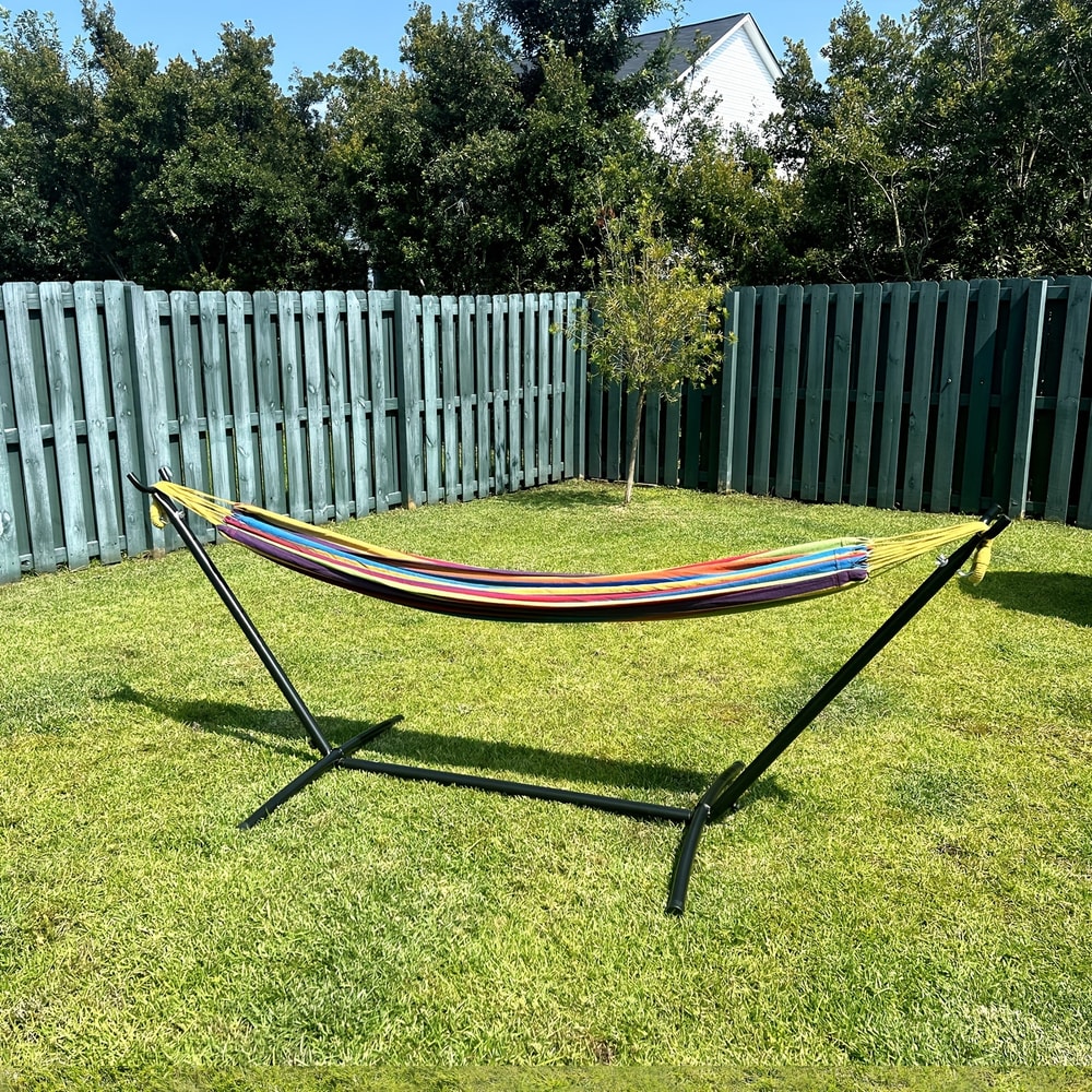 Portable Double Hammock With Steel Stand For Adults Anti Roll Bars Carry Bag 3