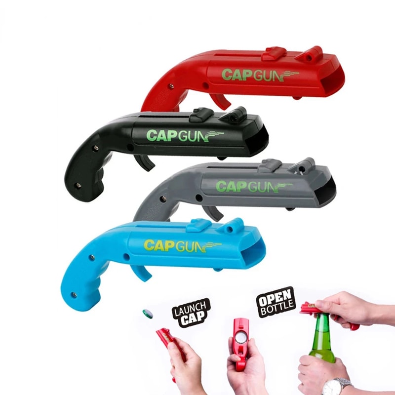 Portable Cap Gun Bottle Opener and Flying Cap Launcher Party Tool