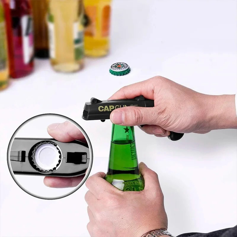Portable Cap Gun Bottle Opener and Flying Cap Launcher Party Tool