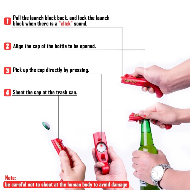 Portable Cap Gun Bottle Opener and Flying Cap Launcher Party Tool