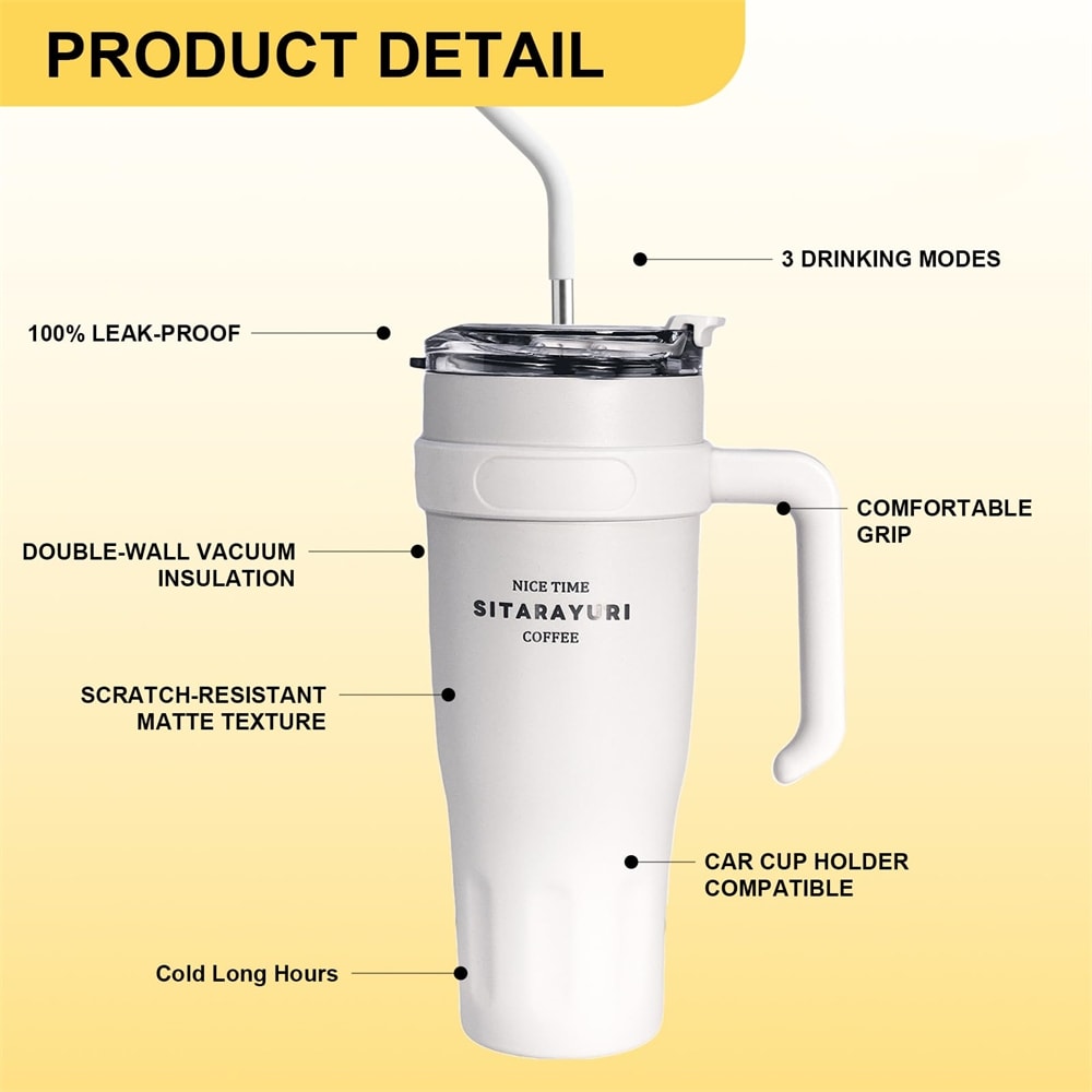 Tumbler with Handle and Straw Leakproof Insulated Travel Mug for Coffee & Water