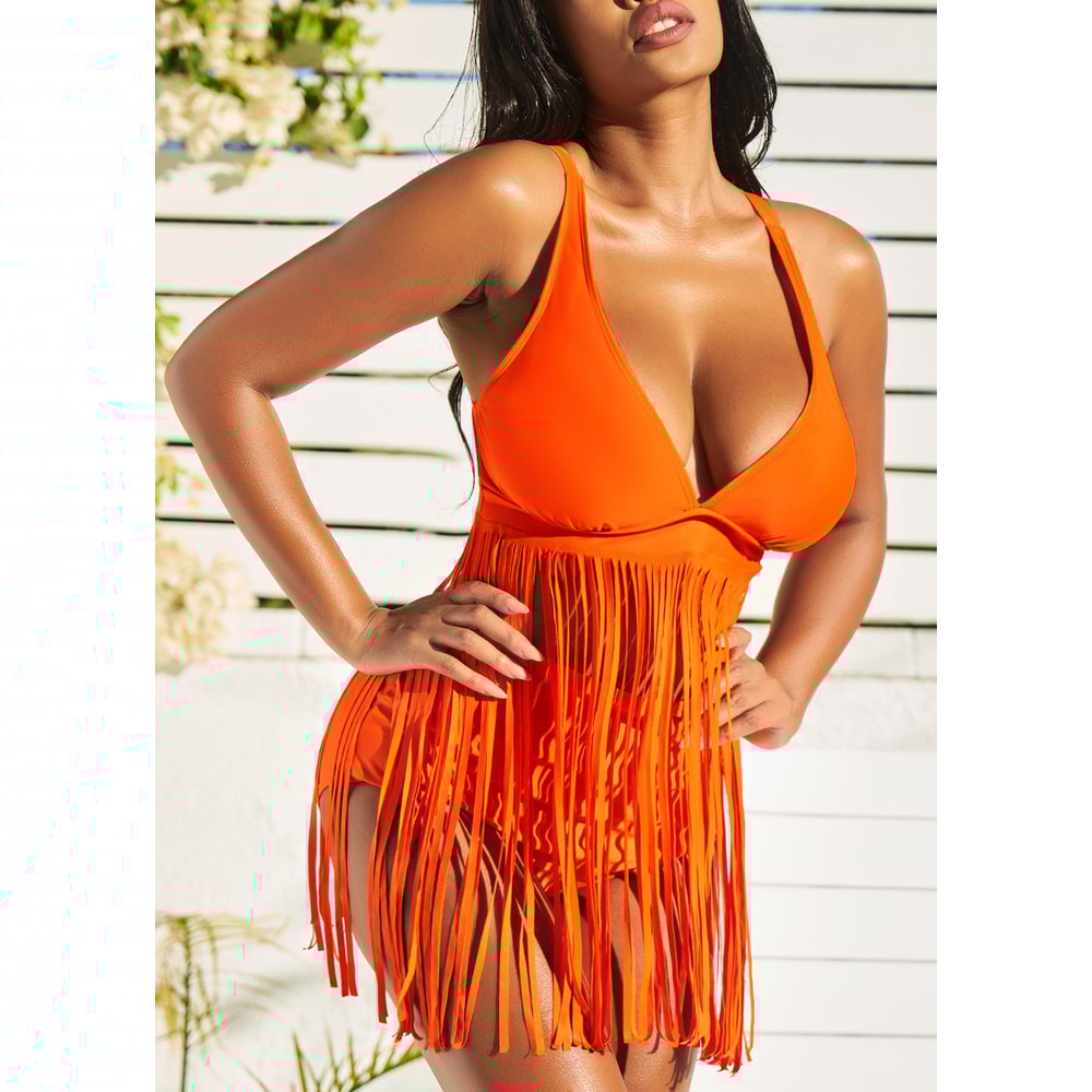 FringeGlow High Waisted Bikini Set With Tassel Detail And Push Up V Neck Top 6