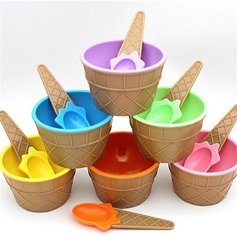 Cone Style Kids Ice Cream Bowl Set with Spoon Reusable Sundae Dessert Cups