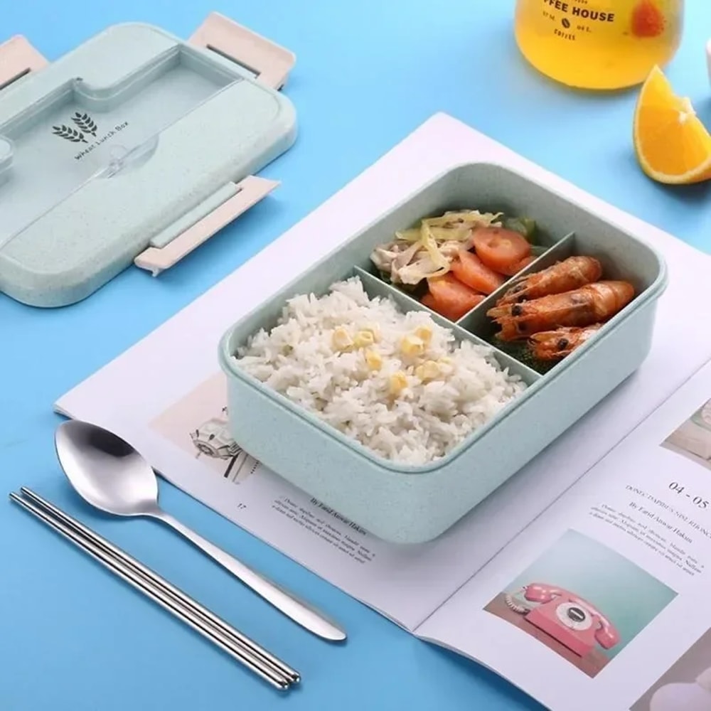 Wheat Straw Microwave Lunch Box With Spoon And Chopsticks For Kids School And Office 1