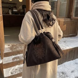 retro suede tote bag for women large capacity commuter shoulder purse