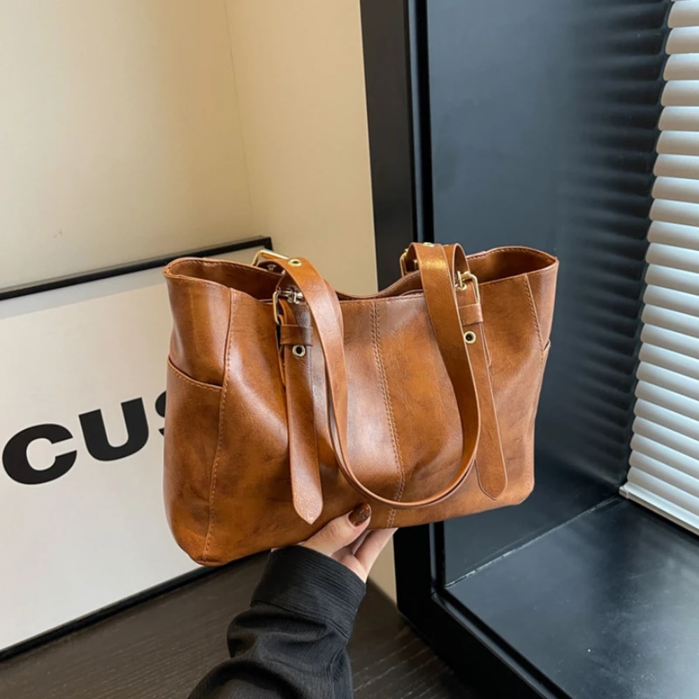Vintage Chic Retro Tote Bag For Women Large Capacity PU Leather Shoulder Bag 6