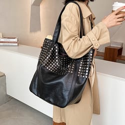 rivet accent large capacity tote bag for women stylish shoulder handbag everyday shopping bag