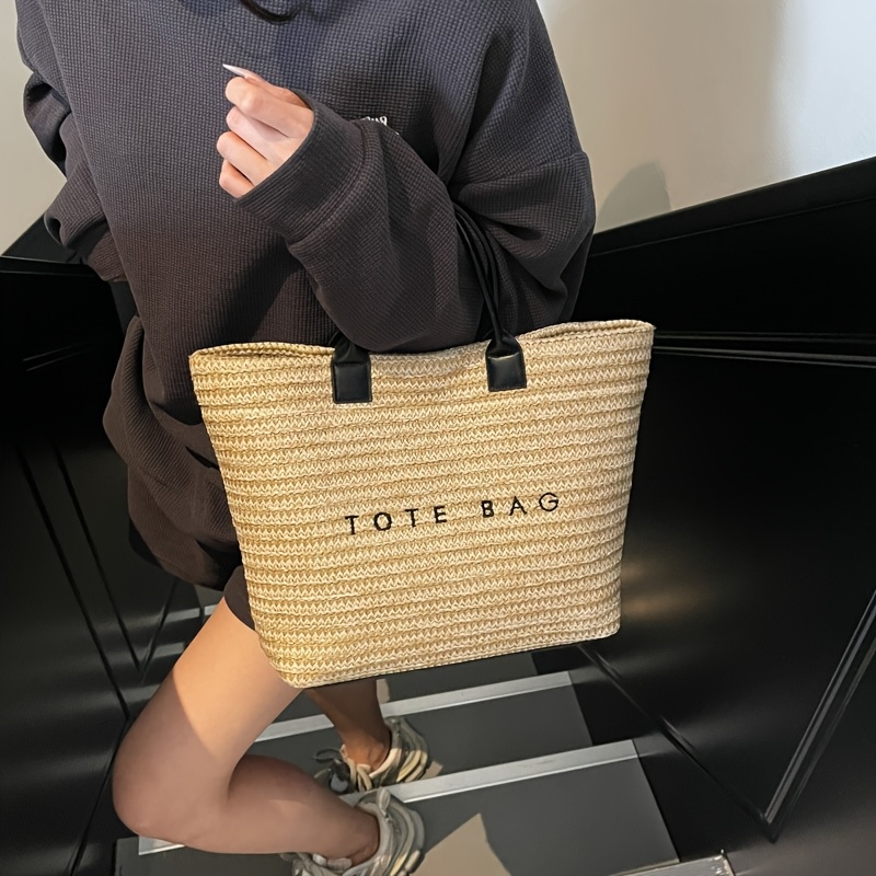Large Capacity Letter Embroidered Woven Tote Bag For Women 4
