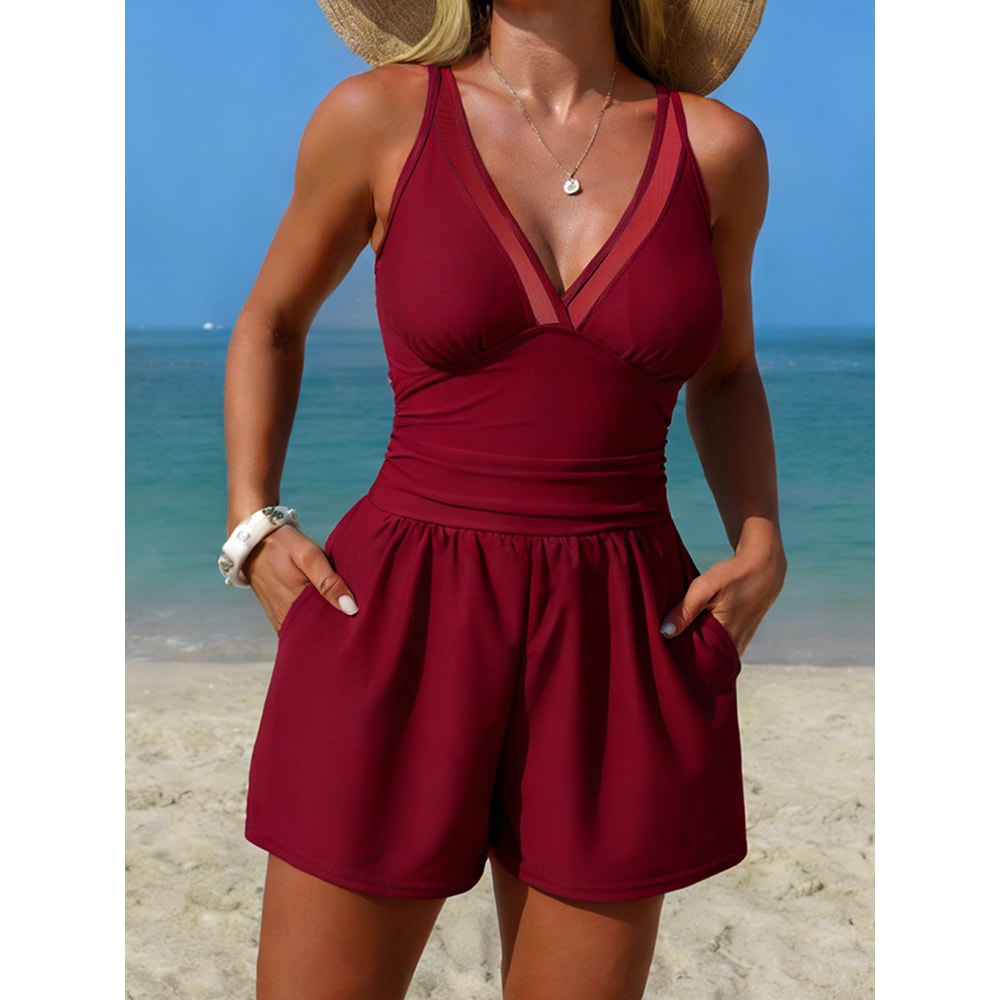 Tummy Control One Piece Swim Romper With Mesh Detail And Pockets 2