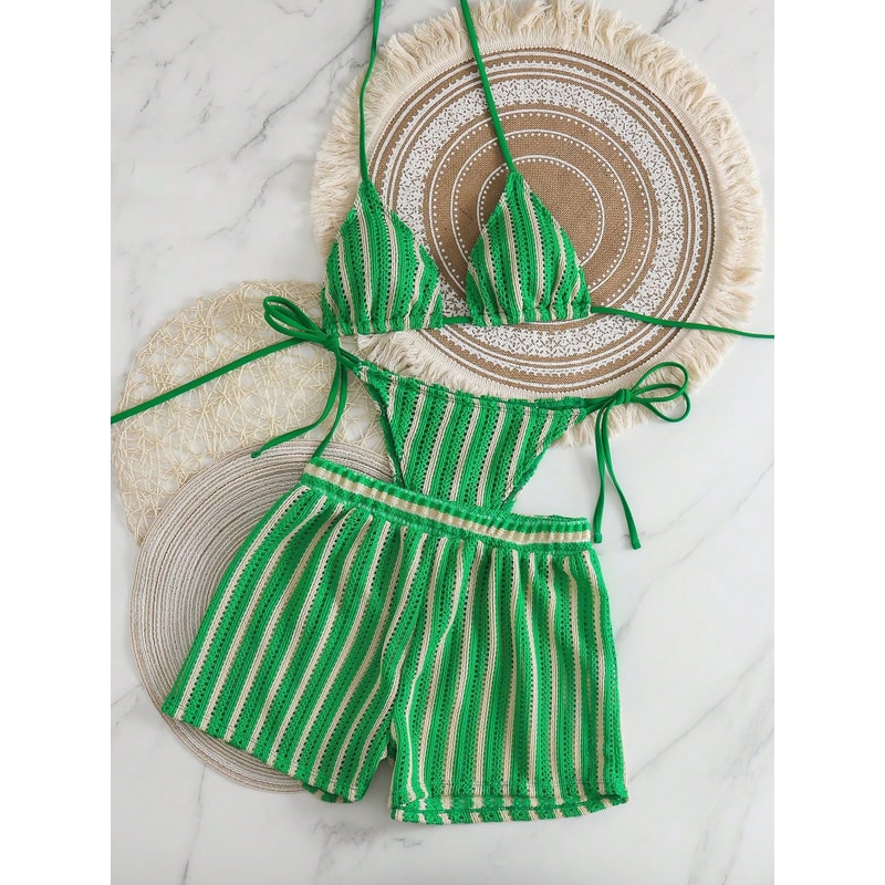 Mesh Tie Up Bikini Set With High Cut Bottoms 3