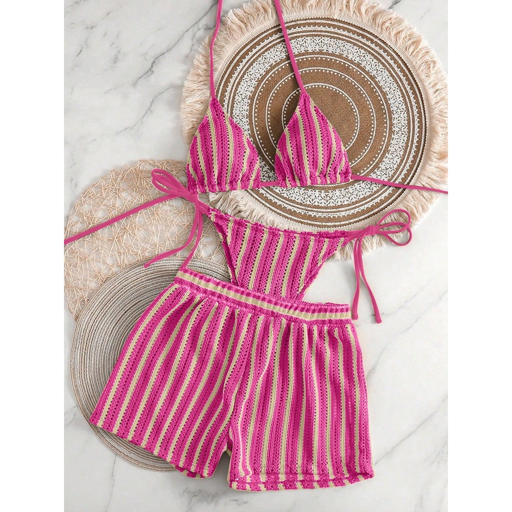 Mesh Tie Up Bikini Set With High Cut Bottoms 7