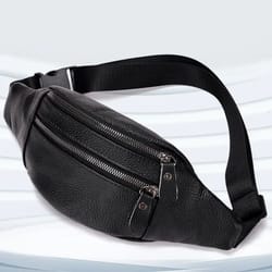 mens genuine leather sling chest bag with double zipper