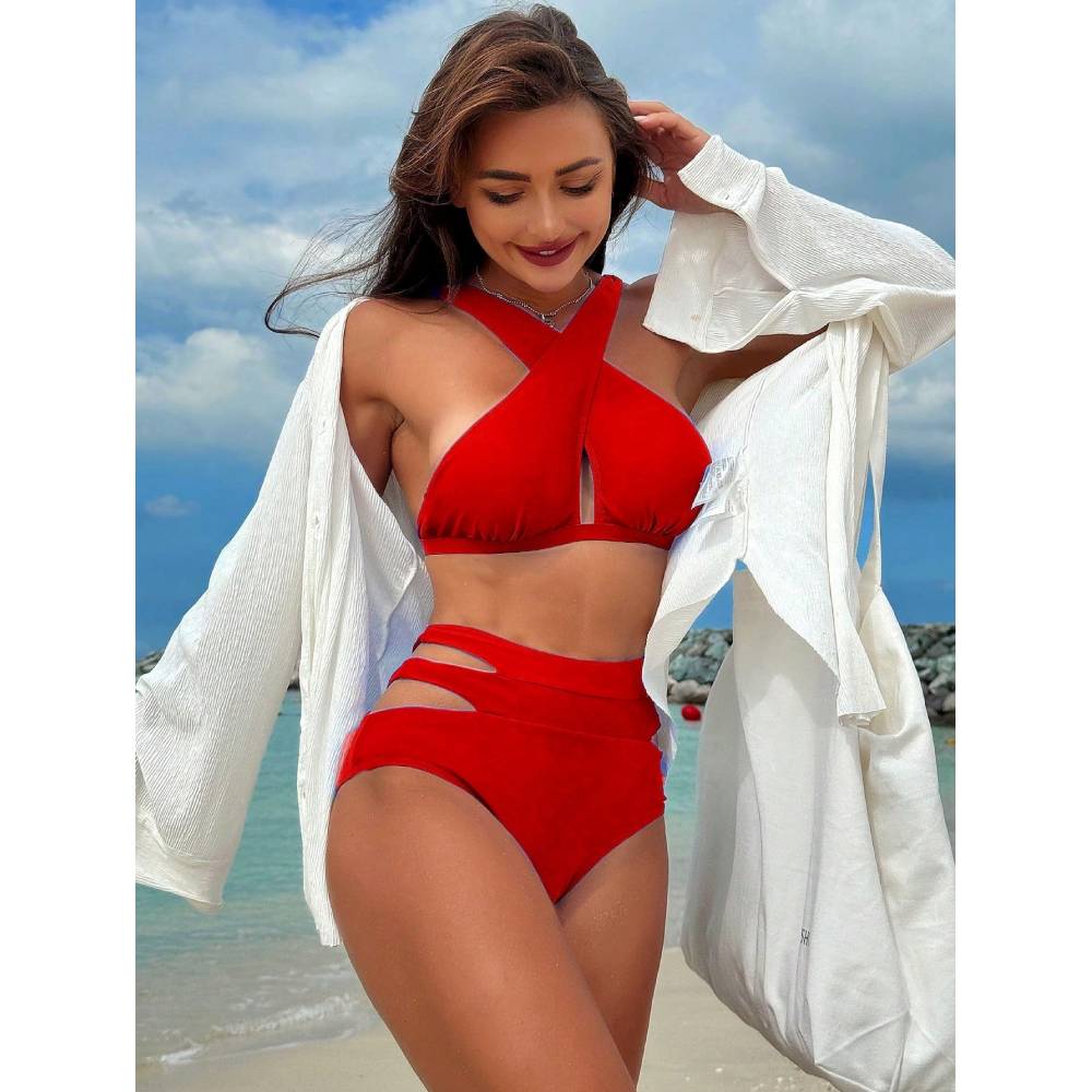 Cikini Solid Color Halter Neck Vacation Matching Bikini Set And Swim Trunks TwoPiece Bikini SetSumm 2