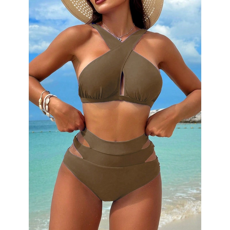 Cikini Solid Color Halter Neck Vacation Matching Bikini Set And Swim Trunks TwoPiece Bikini SetSumm 3