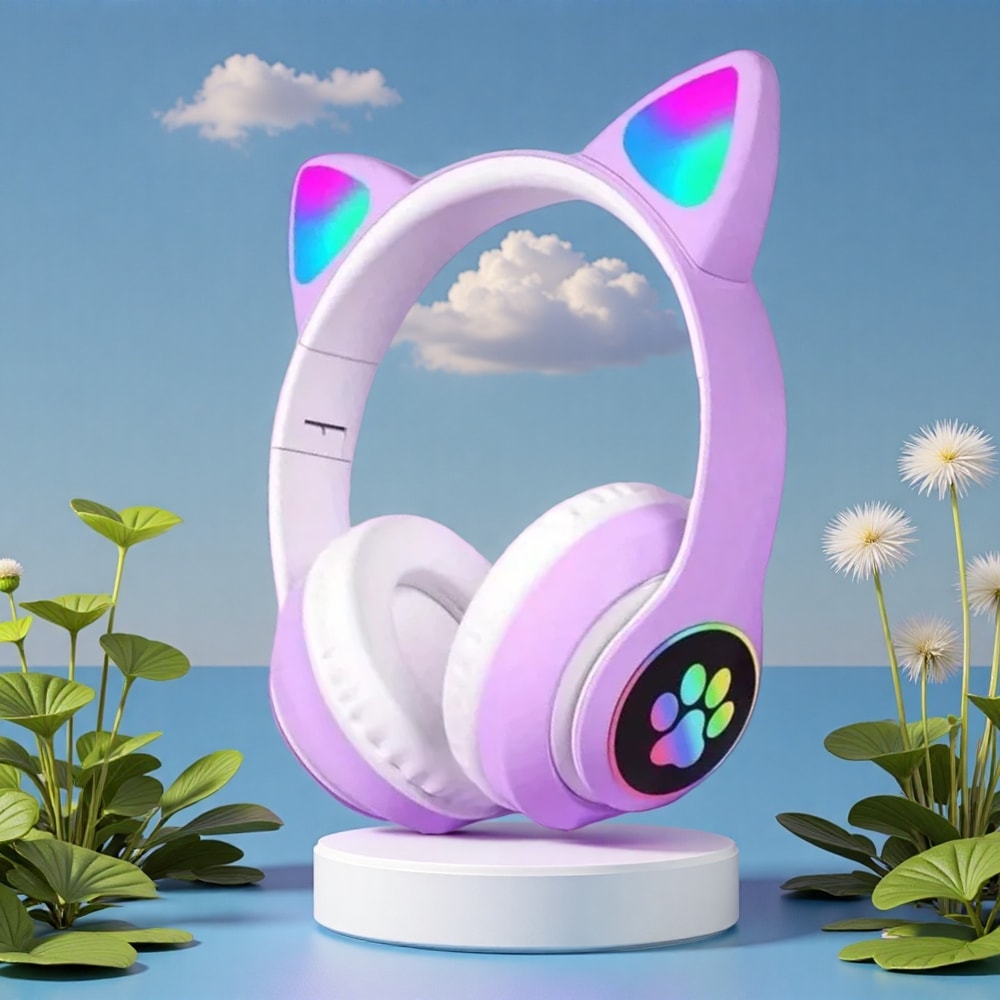 Cute Cat Ear Wireless Headphones with Microphone RGB Noise Cancelling Kids Headset for Stereo Music