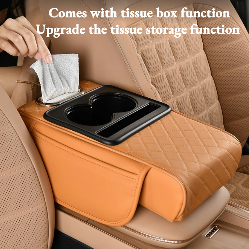 Car Armrest Cushion With Cup Holder Storage Pockets 3