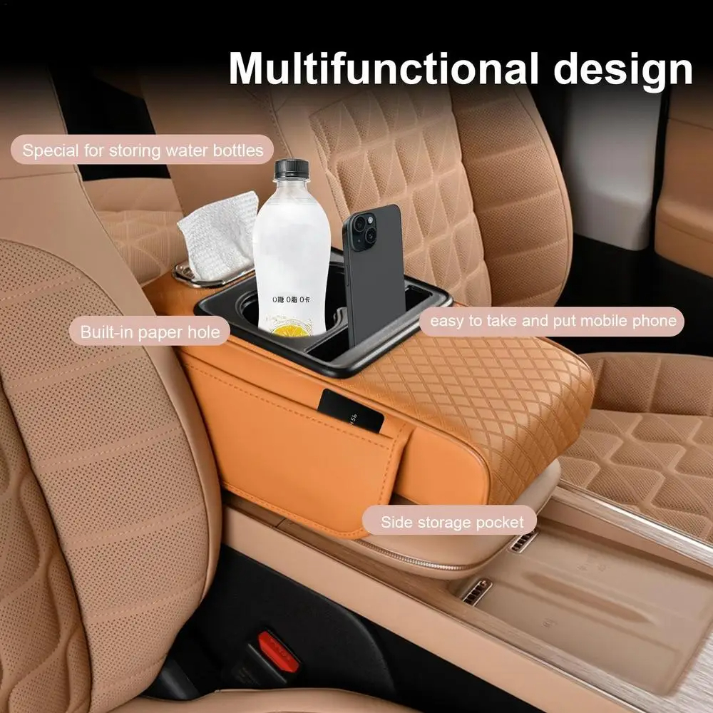 Car Armrest Cushion With Cup Holder Storage Pockets 4