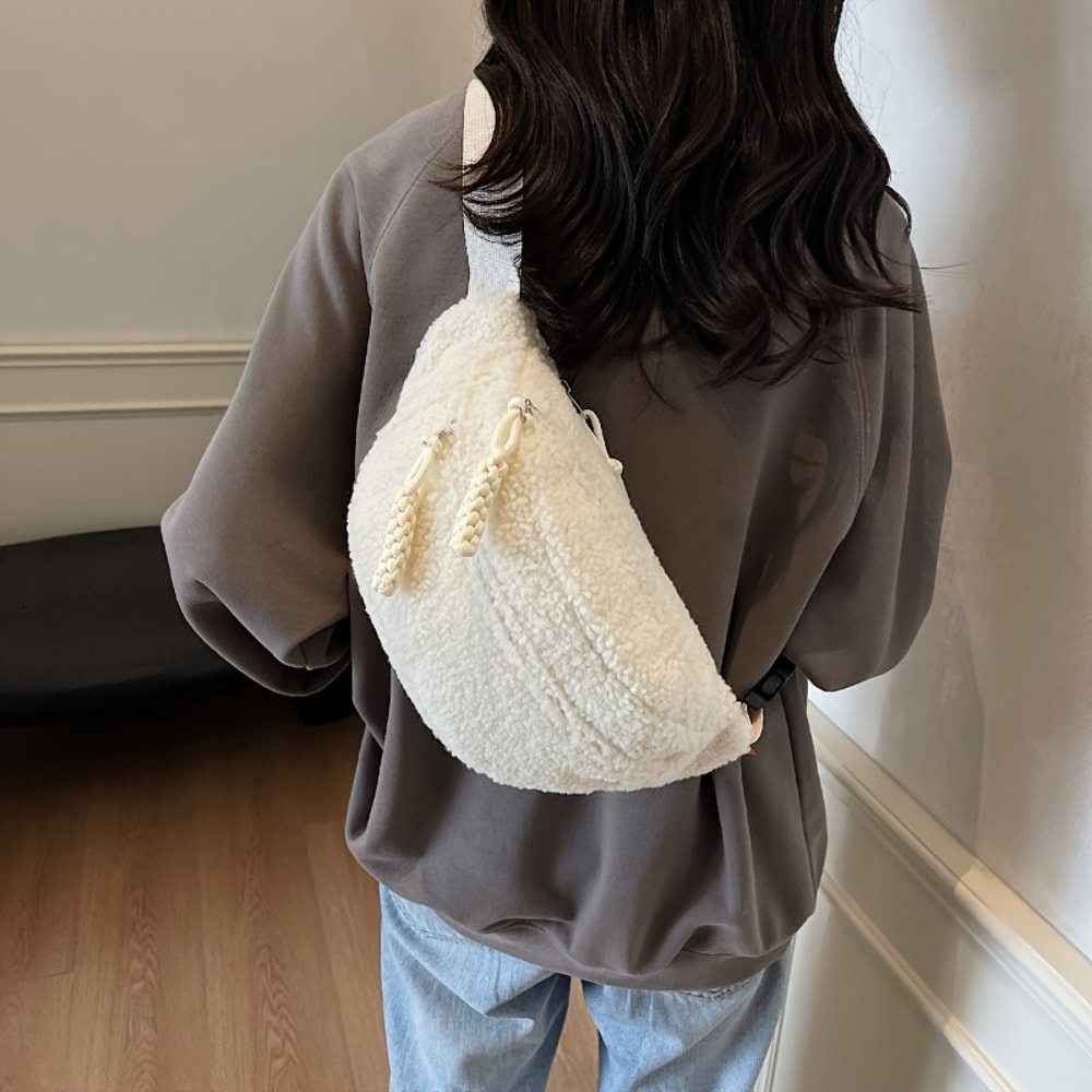 Mens & Womens Casual Solid Color Plush Crossbody Shoulder Bag Versatile Waist Bag for Daily Commuting