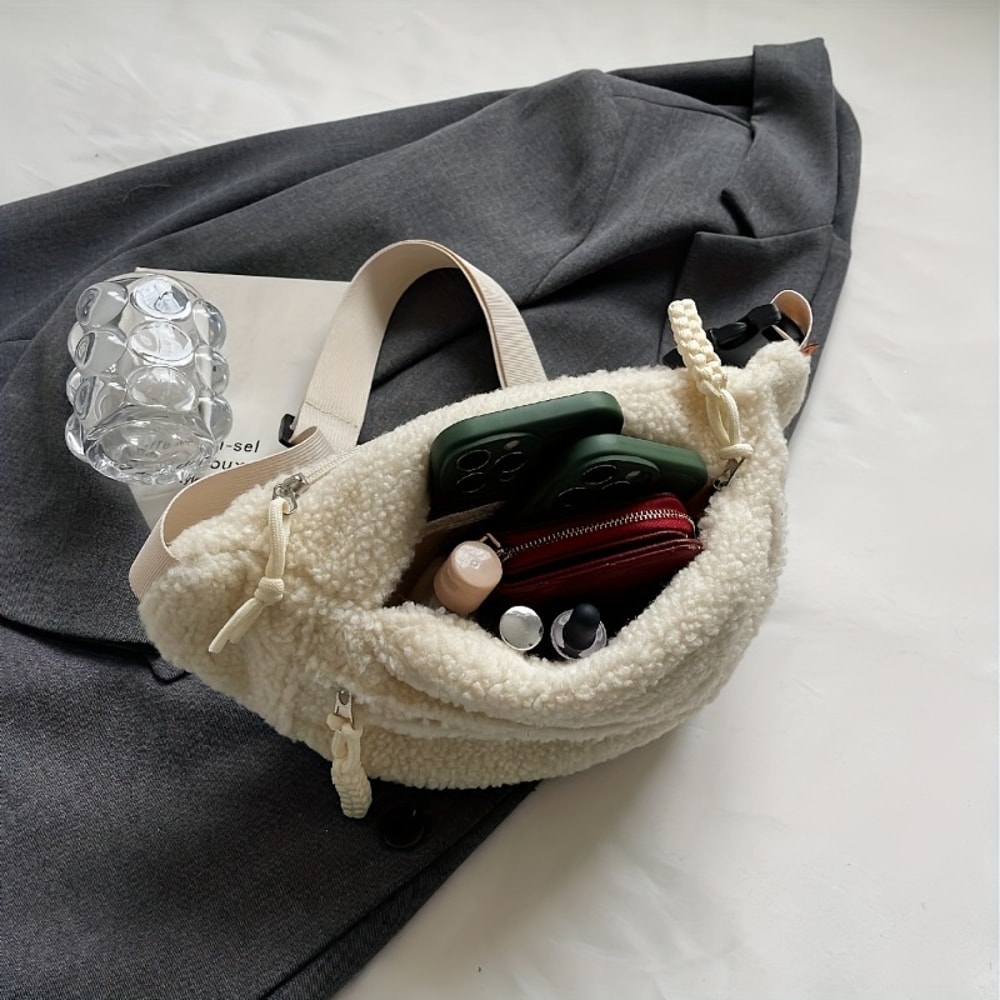Mens & Womens Casual Solid Color Plush Crossbody Shoulder Bag Versatile Waist Bag for Daily Commuting