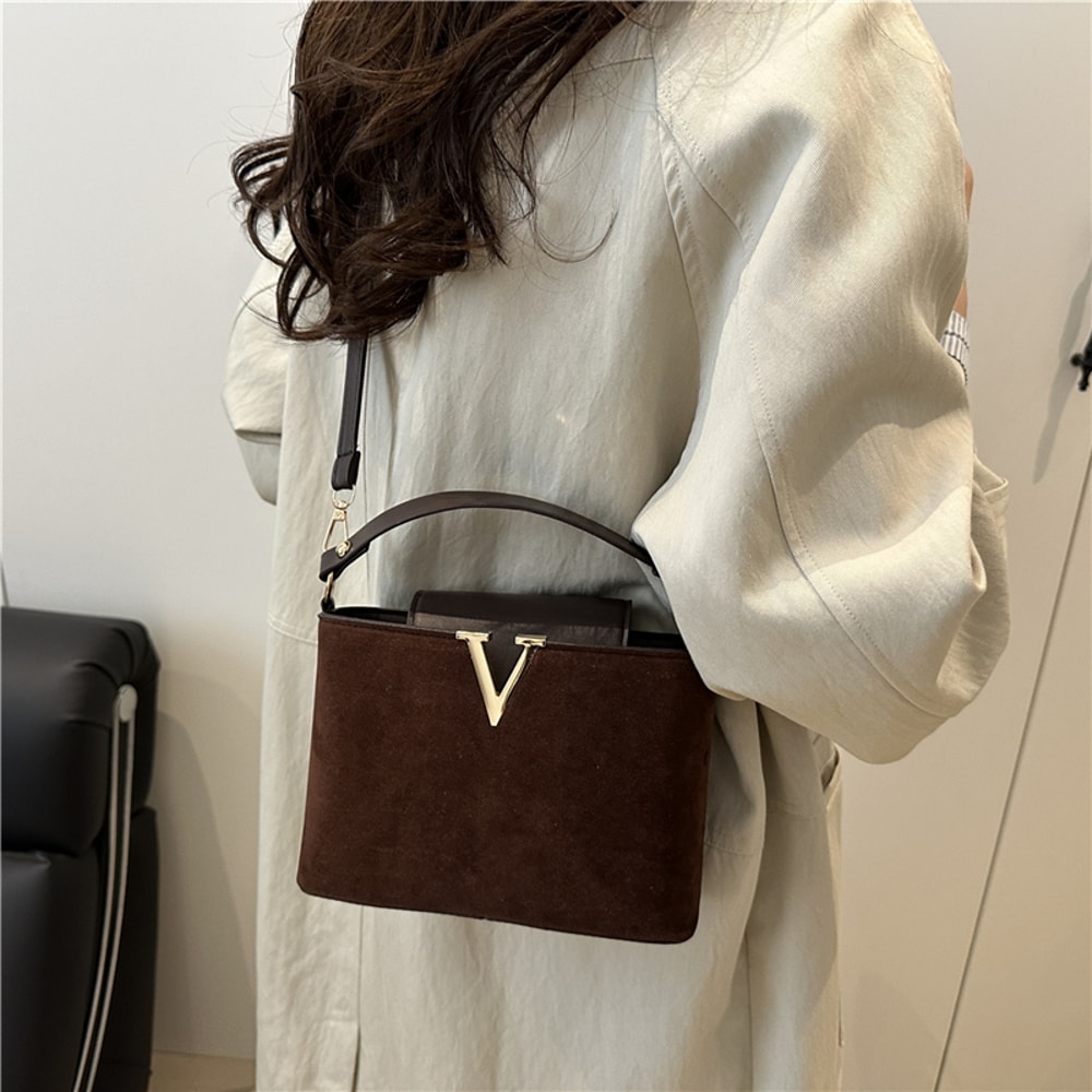 Fashionable Mini Suede Womens Tote Bag with Hardware Lock Buckle Faux Suede Crossbody Shoulder Handbag