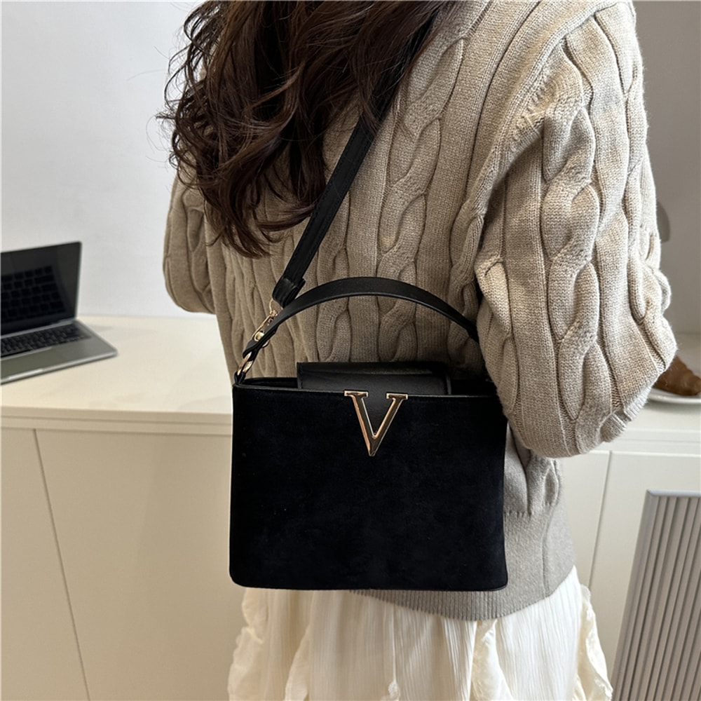 Fashionable Mini Suede Womens Tote Bag with Hardware Lock Buckle Faux Suede Crossbody Shoulder Handbag