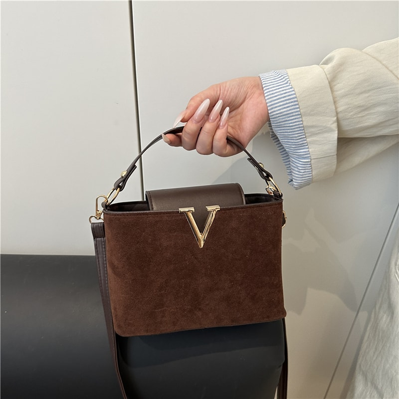 Fashionable Mini Suede Womens Tote Bag with Hardware Lock Buckle Faux Suede Crossbody Shoulder Handbag