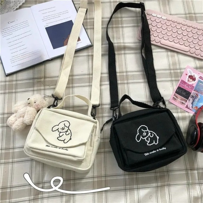 Cute Cartoon Canvas Messenger Bag for Teen Girls Small Square Shoulder Bag for Phones & Wallets