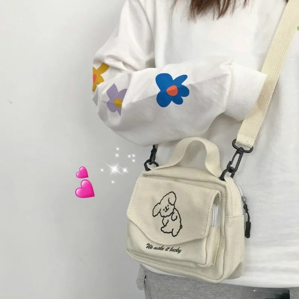 Cute Cartoon Canvas Messenger Bag for Teen Girls Small Square Shoulder Bag for Phones & Wallets