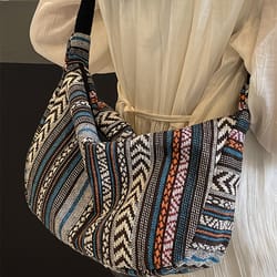 tribal style foldable crossbody shoulder bag with zipper closure striped flag pattern, hand washable with edge painted