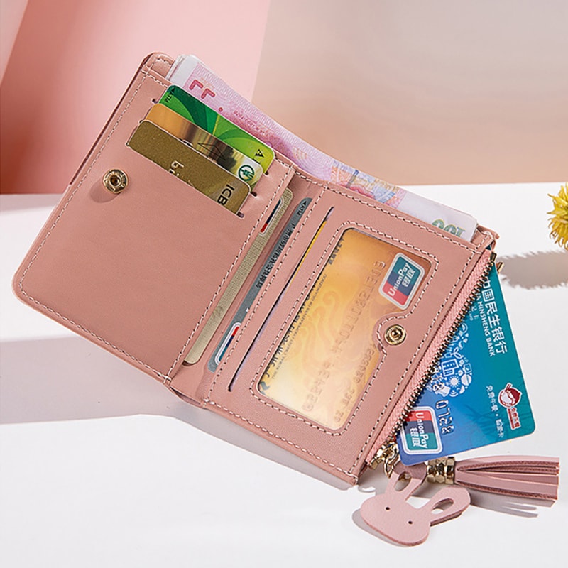 Simple Style Tassel Short Wallet PU Leather Coin Purse & Card Holder for Women and Girls