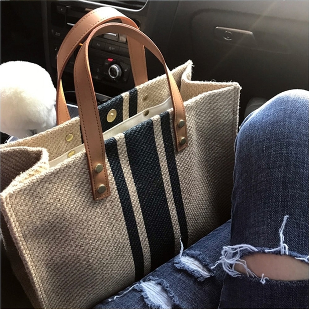 Stylish Large Canvas Stripe Tote Handbag for Women Spacious Top Handle Shoulder & Crossbody Bag