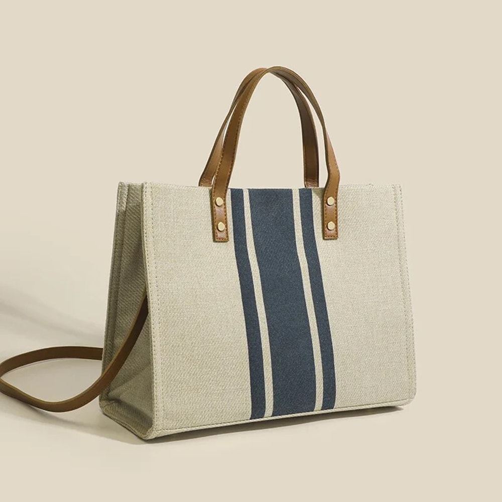 Stylish Large Canvas Stripe Tote Handbag for Women Spacious Top Handle Shoulder & Crossbody Bag