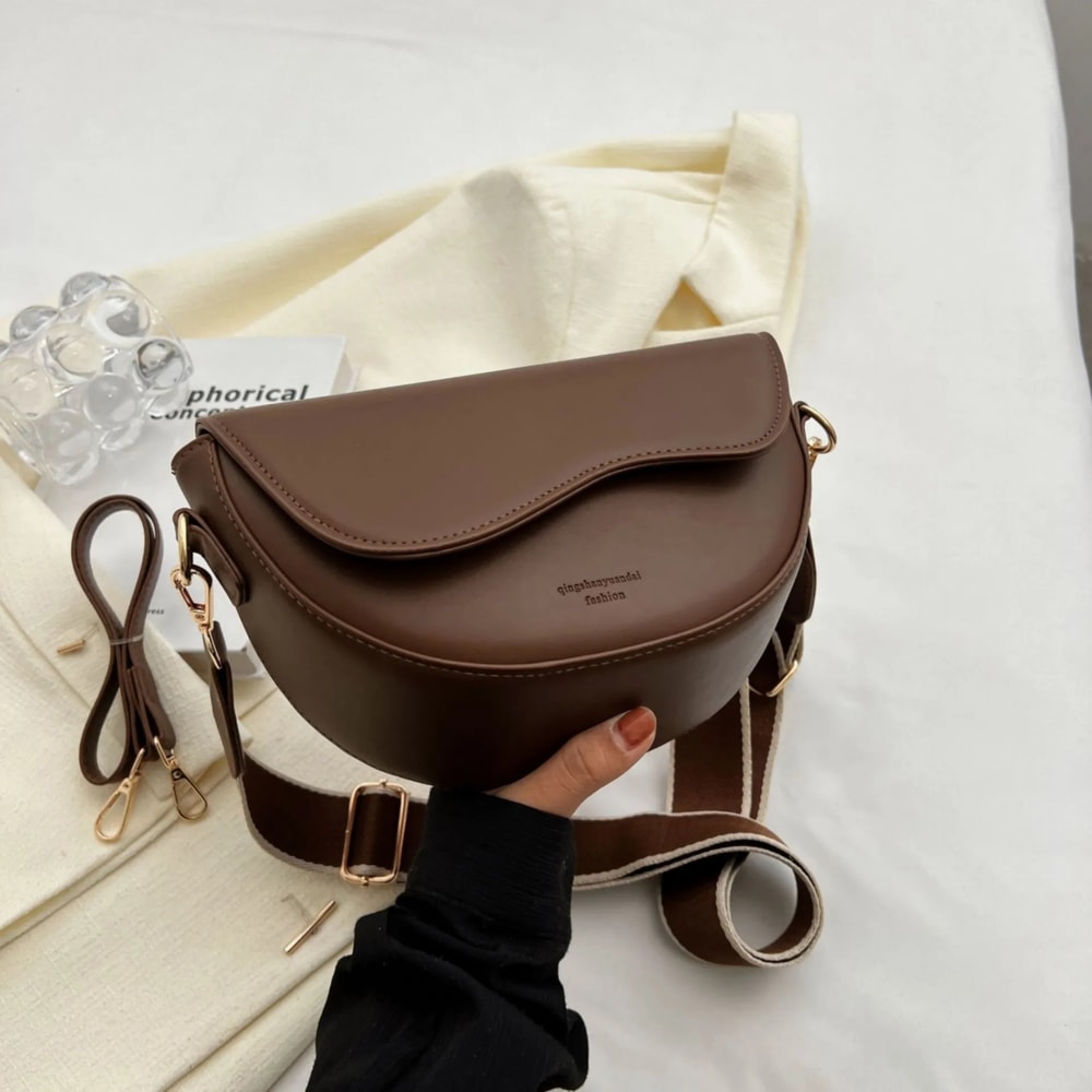 Vintage PU Leather Saddle Bag With Wide Strap Fashionable Crossbody Shoulder Bag 5