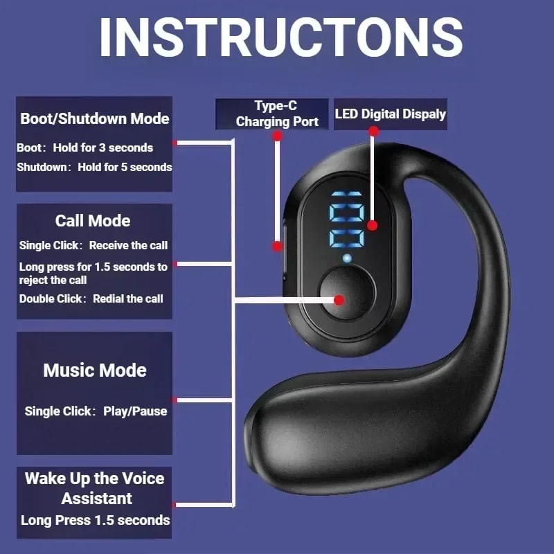 TWS Wireless Earphones with Air Conduction HiFi Sound Noise Cancellation Sports Ear Hook Headset for Smartphones