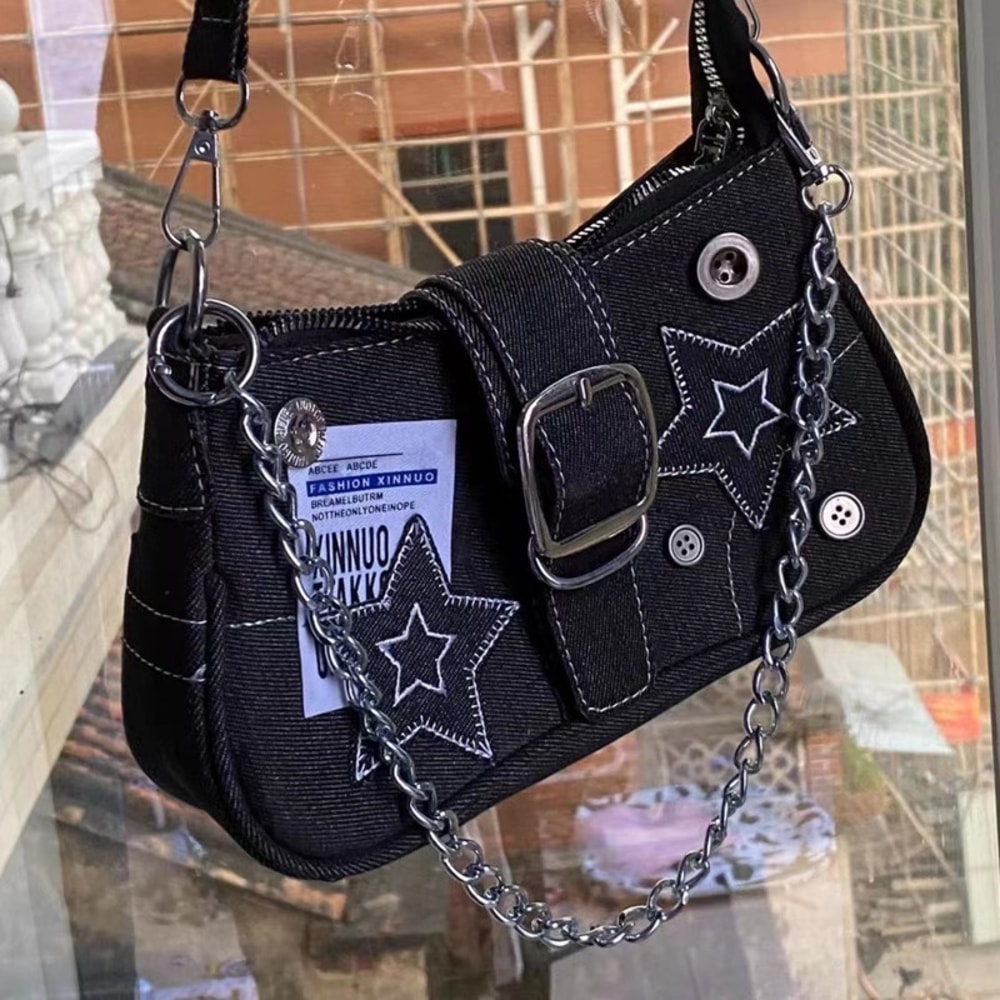 Vintage Star Pattern Canvas Shoulder Bag For Women Trendy Underarm Tote 2