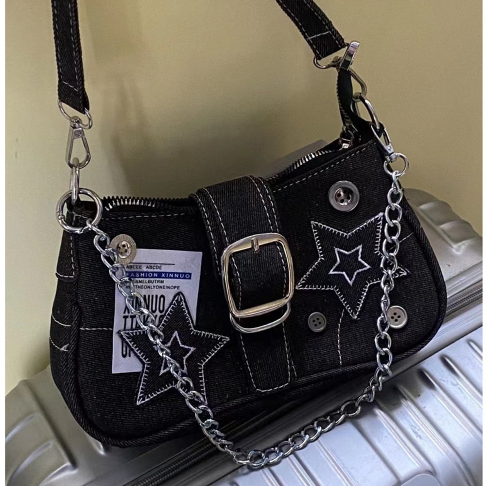 Vintage Star Pattern Canvas Shoulder Bag For Women Trendy Underarm Tote 3