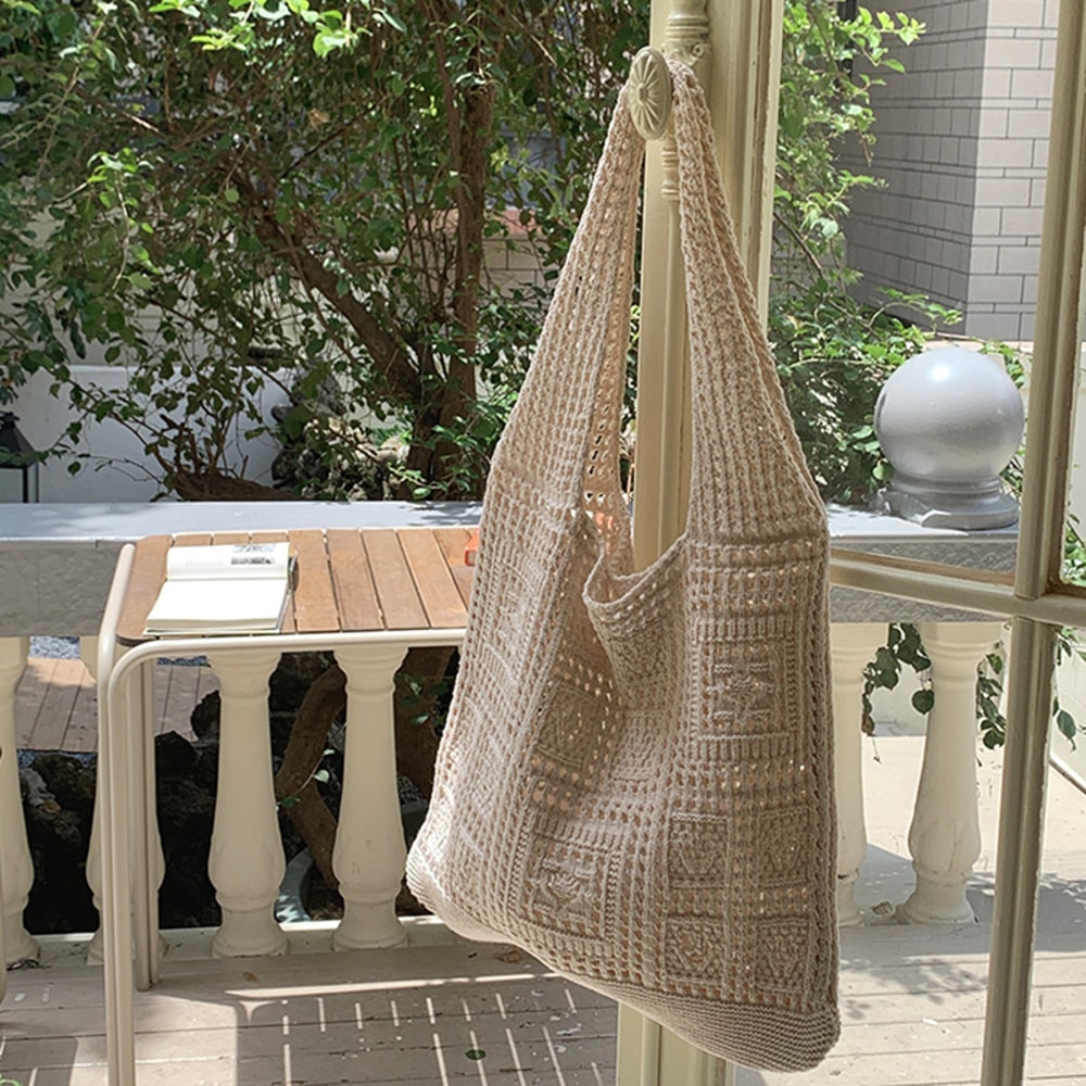 Boho Chic Crochet Tote Bag Stylish Knitted Shoulder Bag Womens Shopping Tote For Everyday Summer 0