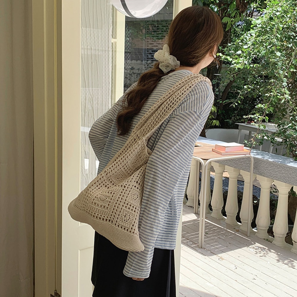 Boho Chic Crochet Tote Bag Stylish Knitted Shoulder Bag Womens Shopping Tote For Everyday Summer 1