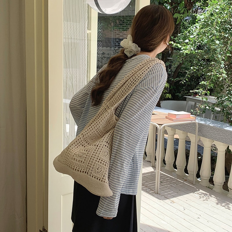 Boho Chic Crochet Tote Bag Stylish Knitted Shoulder Bag Womens Shopping Tote For Everyday Summer 1