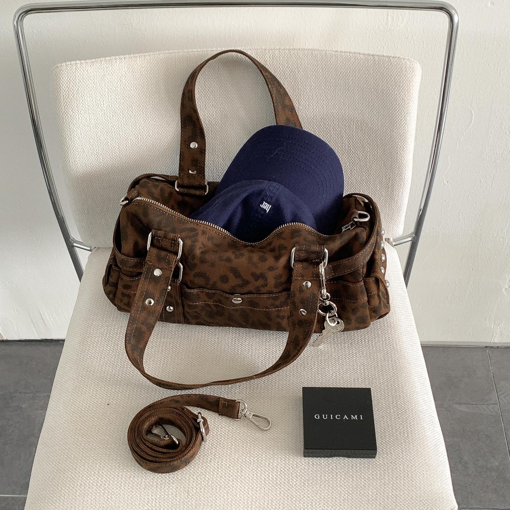 Vintage Leopard Rivet Motorcycle Barrel Messenger Bag Stylish Womens Leopard Shoulder Bag 2