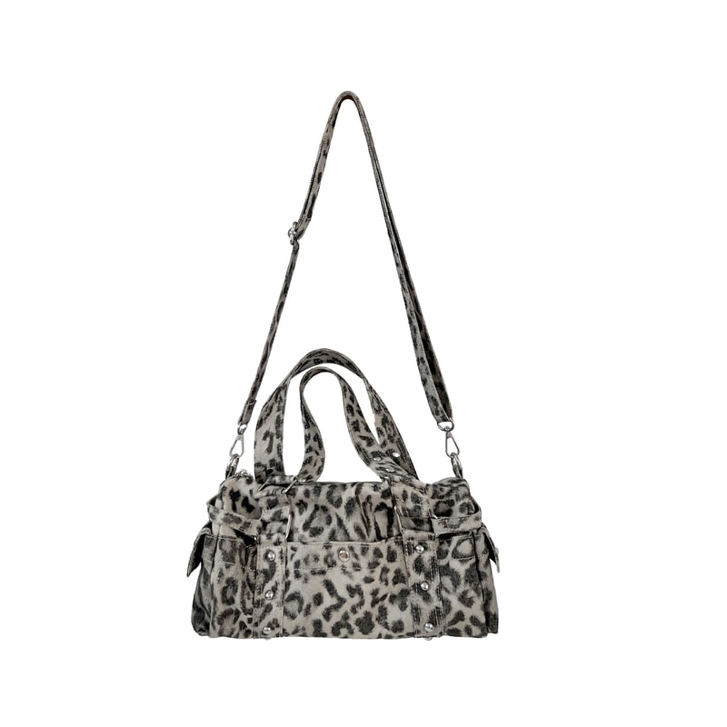 Vintage Leopard Rivet Motorcycle Barrel Messenger Bag Stylish Womens Leopard Shoulder Bag 3