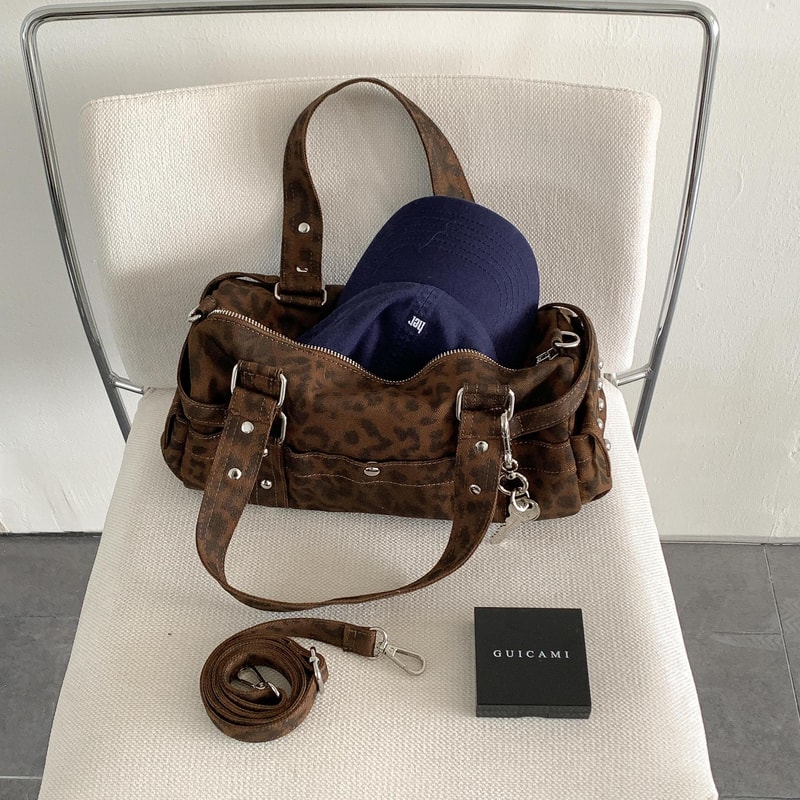 Vintage Leopard Rivet Motorcycle Barrel Messenger Bag Stylish Womens Leopard Shoulder Bag 6